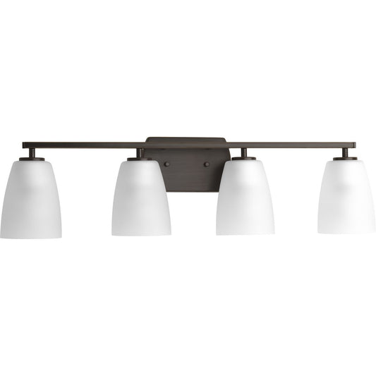 PROGRESS LIGHTING P300134-020 Antique Bronze Leap Collection Four-Light Antique Bronze Etched Glass Modern Bath Vanity Light