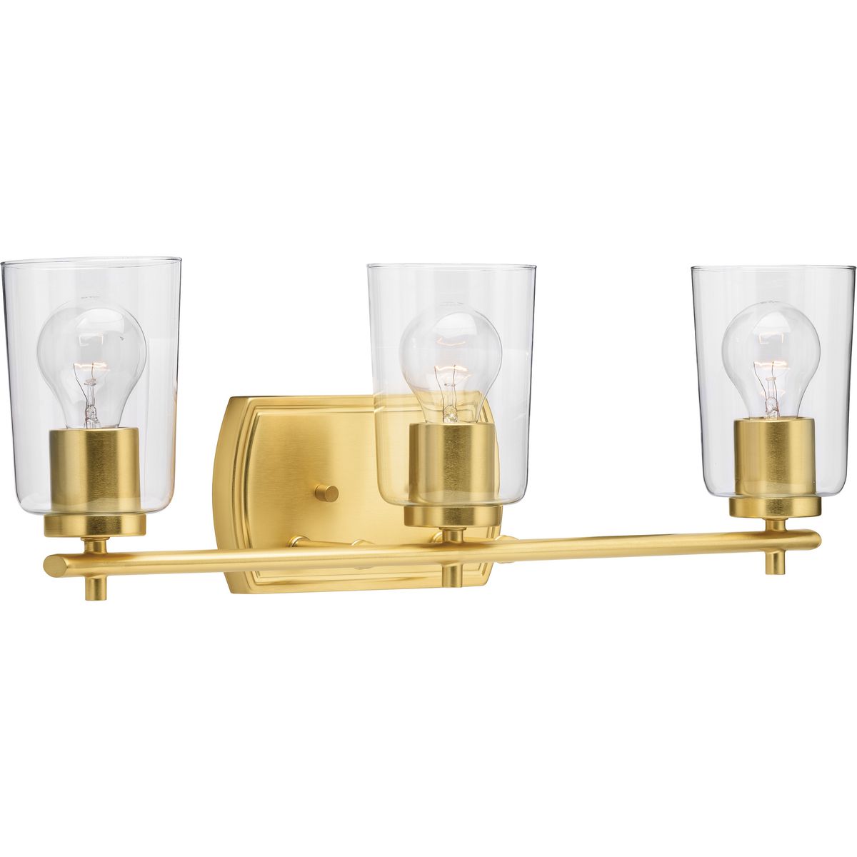 PROGRESS LIGHTING P300156-012 Satin Brass Adley Collection Three-Light Satin Brass Clear Glass New Traditional Bath Vanity Light