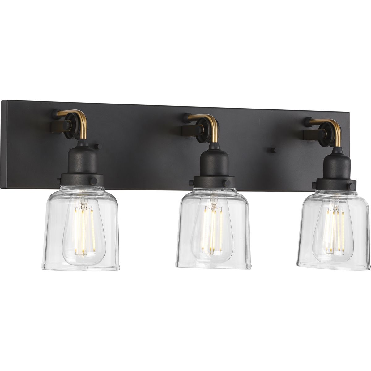 PROGRESS LIGHTING P300228-143 Graphite Rushton Collection Three-Light Graphite Clear Glass Farmhouse Bath Vanity Light