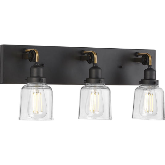 PROGRESS LIGHTING P300228-143 Graphite Rushton Collection Three-Light Graphite Clear Glass Farmhouse Bath Vanity Light