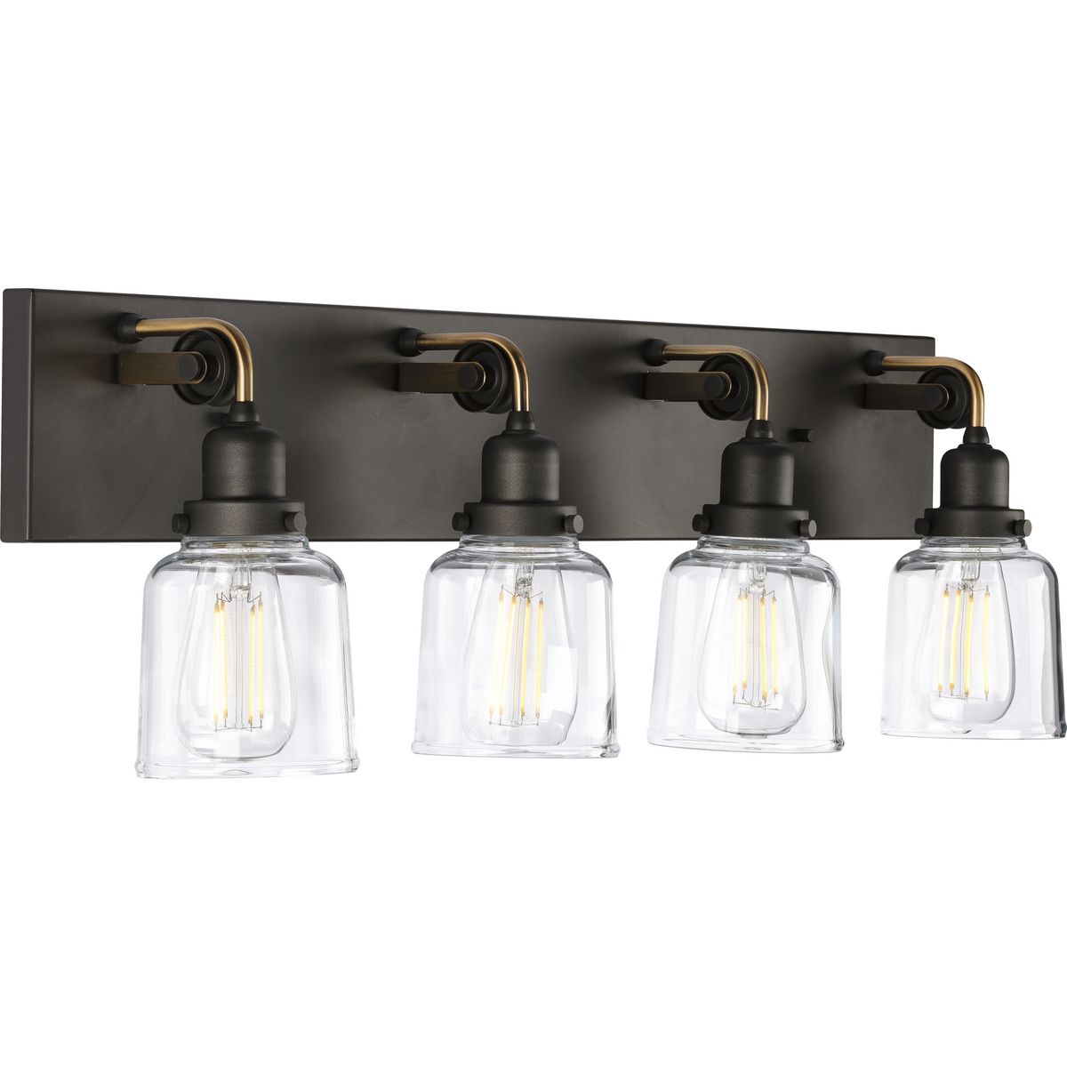 PROGRESS LIGHTING P300229-143 Graphite Rushton Collection Four-Light Graphite Clear Glass Farmhouse Bath Vanity Light