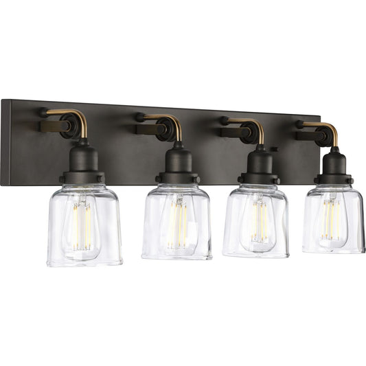 PROGRESS LIGHTING P300229-143 Graphite Rushton Collection Four-Light Graphite Clear Glass Farmhouse Bath Vanity Light