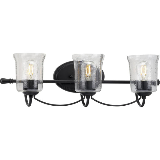 PROGRESS LIGHTING P300255-031 Matte Black Bowman Collection Three-Light Matte Black Clear Chiseled Glass Coastal Bath Vanity Light