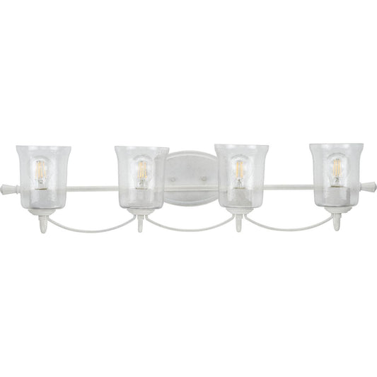 PROGRESS LIGHTING P300256-151 Cottage White Bowman Collection Four-Light Cottage White Clear Chiseled Glass Coastal Bath Vanity Light
