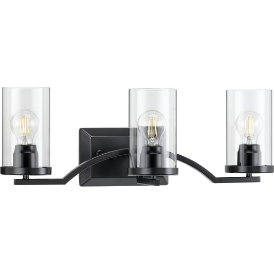PROGRESS LIGHTING P300258-031 Matte Black Lassiter Collection Three-Light Matte Black Clear Glass Modern Bath Vanity Light