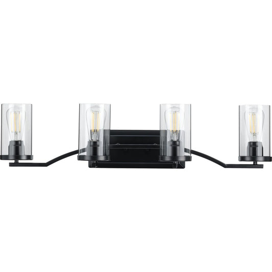 PROGRESS LIGHTING P300259-031 Matte Black Lassiter Collection Four-Light Matte Black Clear Glass Modern Bath Vanity Light