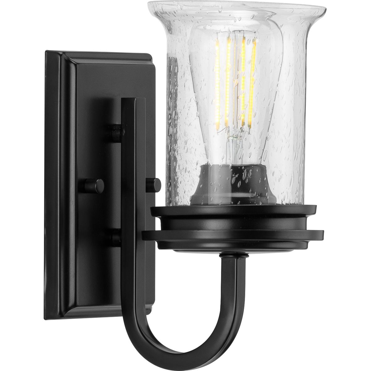 PROGRESS LIGHTING P300272-031 Matte Black Winslett Collection One-Light Matte Black Clear Seeded Glass Coastal Bath Vanity Light