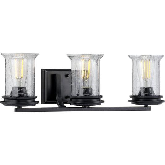 PROGRESS LIGHTING P300274-031 Matte Black Winslett Collection Three-Light Matte Black Clear Seeded Glass Coastal Bath Vanity Light