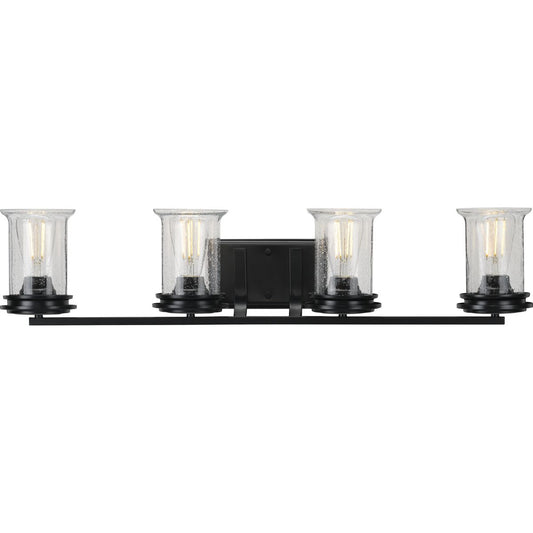 PROGRESS LIGHTING P300275-031 Matte Black Winslett Collection Four-Light Matte Black Clear Seeded Glass Coastal Bath Vanity Light