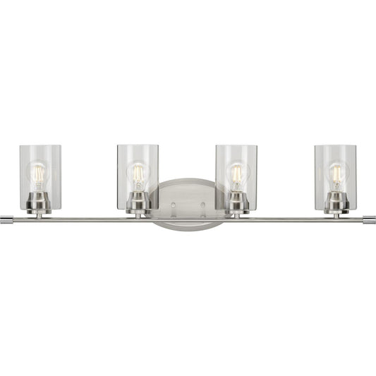 PROGRESS LIGHTING P300279-009 Brushed Nickel Riley Collection Four-Light Brushed Nickel Clear Glass Modern Bath Vanity Light