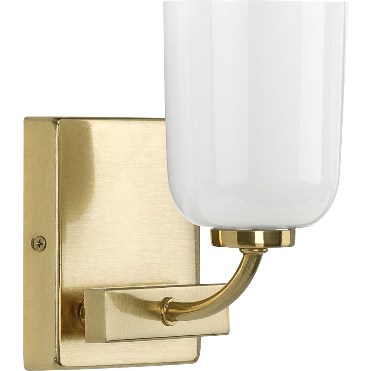 PROGRESS LIGHTING P300280-012 Satin Brass Moore Collection One-Light Satin Brass White Opal Glass Luxe Bath Vanity Light