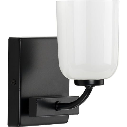 PROGRESS LIGHTING P300280-031 Matte Black Moore Collection One-Light Matte Black White Opal Glass Luxe Bath Vanity Light