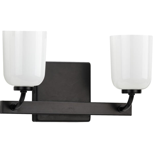 PROGRESS LIGHTING P300281-031 Matte Black Moore Collection Two-Light Matte Black White Opal Glass Luxe Bath Vanity Light