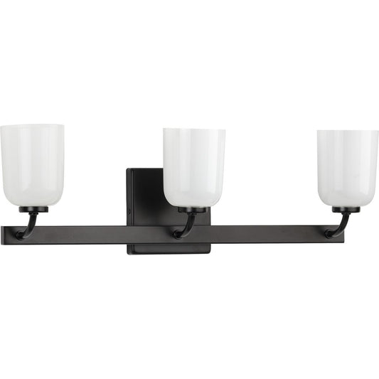PROGRESS LIGHTING P300282-031 Matte Black Moore Collection Three-Light Matte Black White Opal Glass Luxe Bath Vanity Light