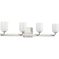 PROGRESS LIGHTING P300283-009 Brushed Nickel Moore Collection Four-Light Brushed Nickel White Opal Glass Luxe Bath Vanity Light