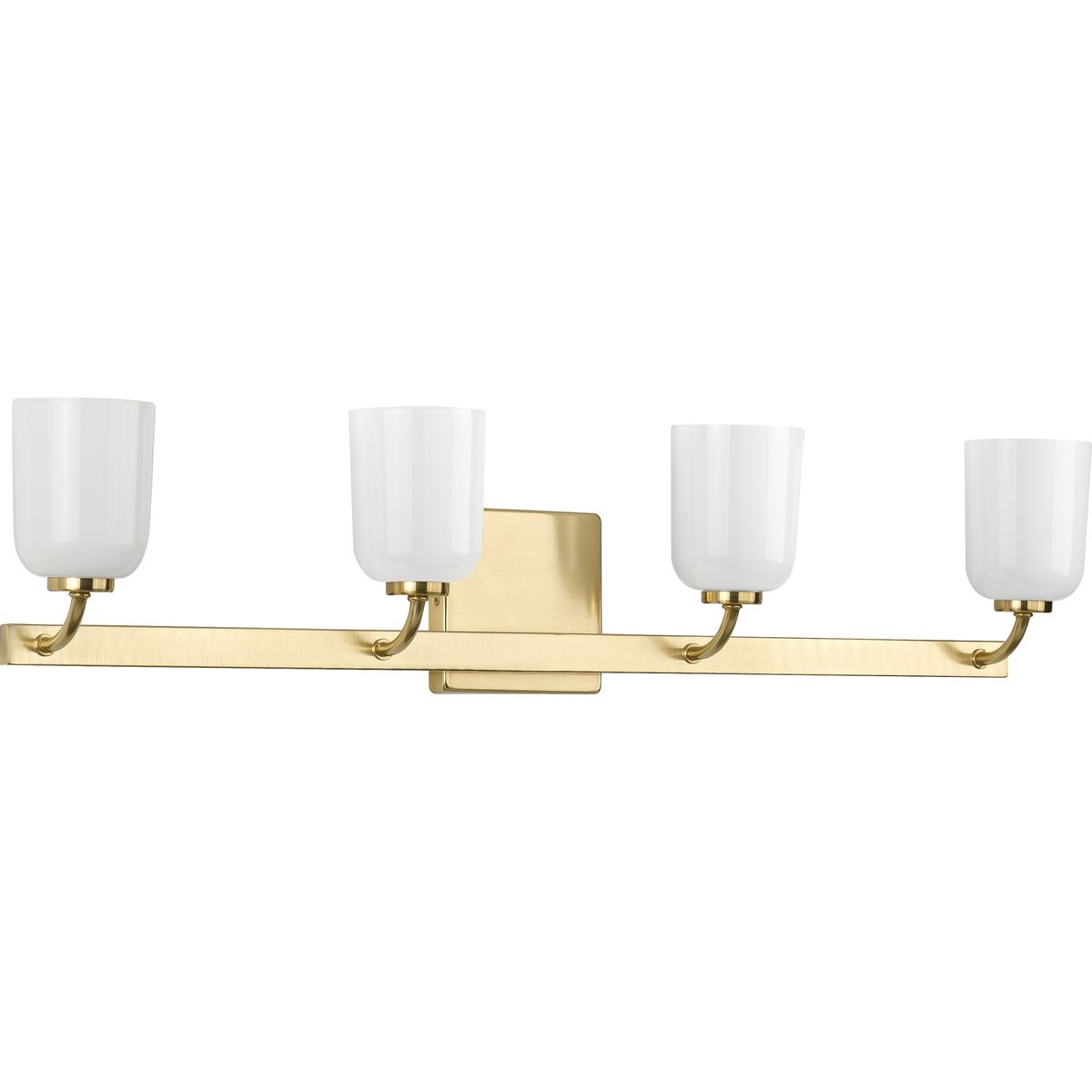 PROGRESS LIGHTING P300283-012 Satin Brass Moore Collection Four-Light Satin Brass White Opal Glass Luxe Bath Vanity Light