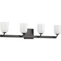 PROGRESS LIGHTING P300283-031 Matte Black Moore Collection Four-Light Matte Black White Opal Glass Luxe Bath Vanity Light