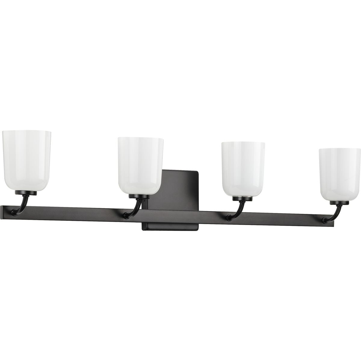 PROGRESS LIGHTING P300283-031 Matte Black Moore Collection Four-Light Matte Black White Opal Glass Luxe Bath Vanity Light