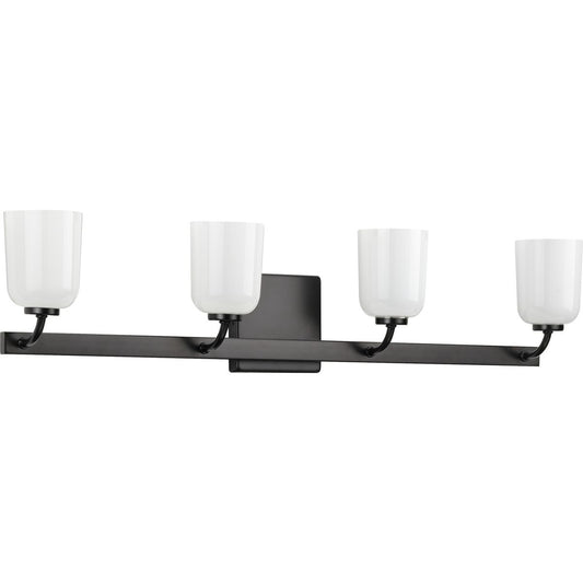 PROGRESS LIGHTING P300283-031 Matte Black Moore Collection Four-Light Matte Black White Opal Glass Luxe Bath Vanity Light