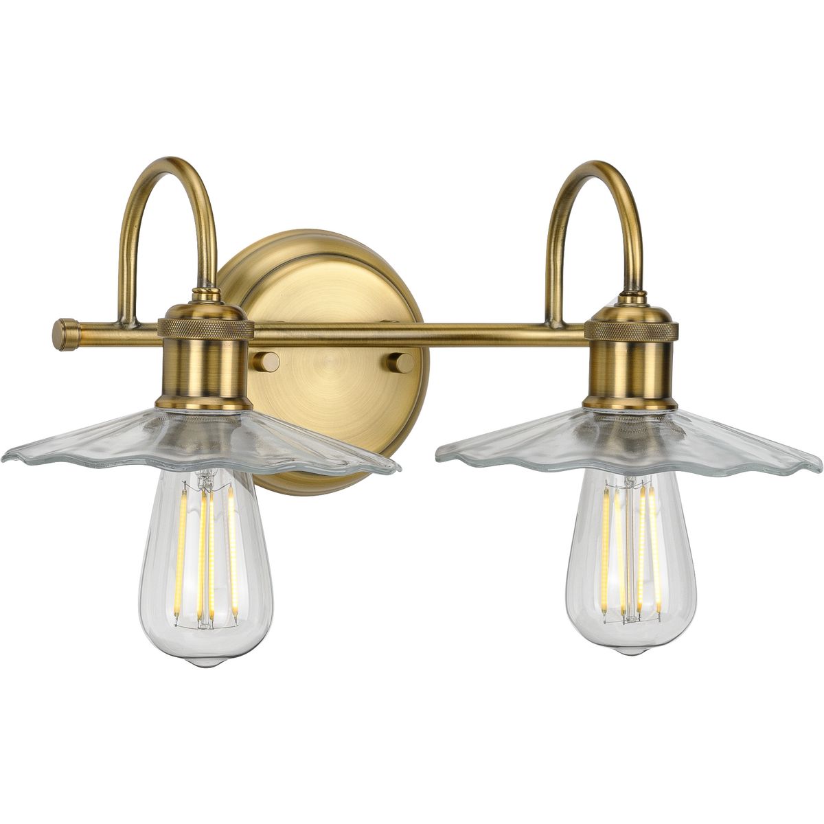 PROGRESS LIGHTING P300287-163 Vintage Brass Fayette Collection Two-Light Vintage Brass Clear Glass Farmhouse Bath Vanity Light