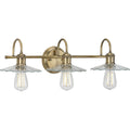 PROGRESS LIGHTING P300288-163 Vintage Brass Fayette Collection Three-Light Vintage Brass Clear Glass Farmhouse Bath Vanity Light