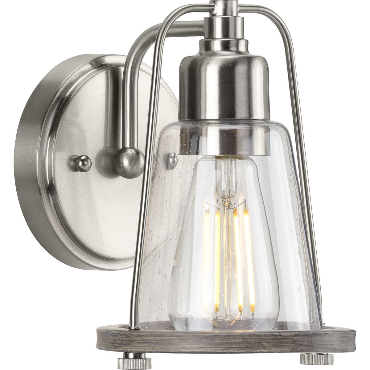 PROGRESS LIGHTING P300295-009 Brushed Nickel Conway Collection One-Light Brushed Nickel and Clear Seeded Farmhouse Style Bath Vanity Wall Light