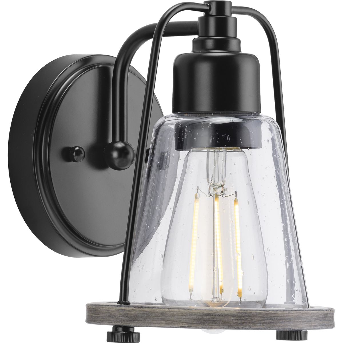 PROGRESS LIGHTING P300295-031 Matte Black Conway Collection One-Light Matte Black and Clear Seeded Farmhouse Style Bath Vanity Wall Light