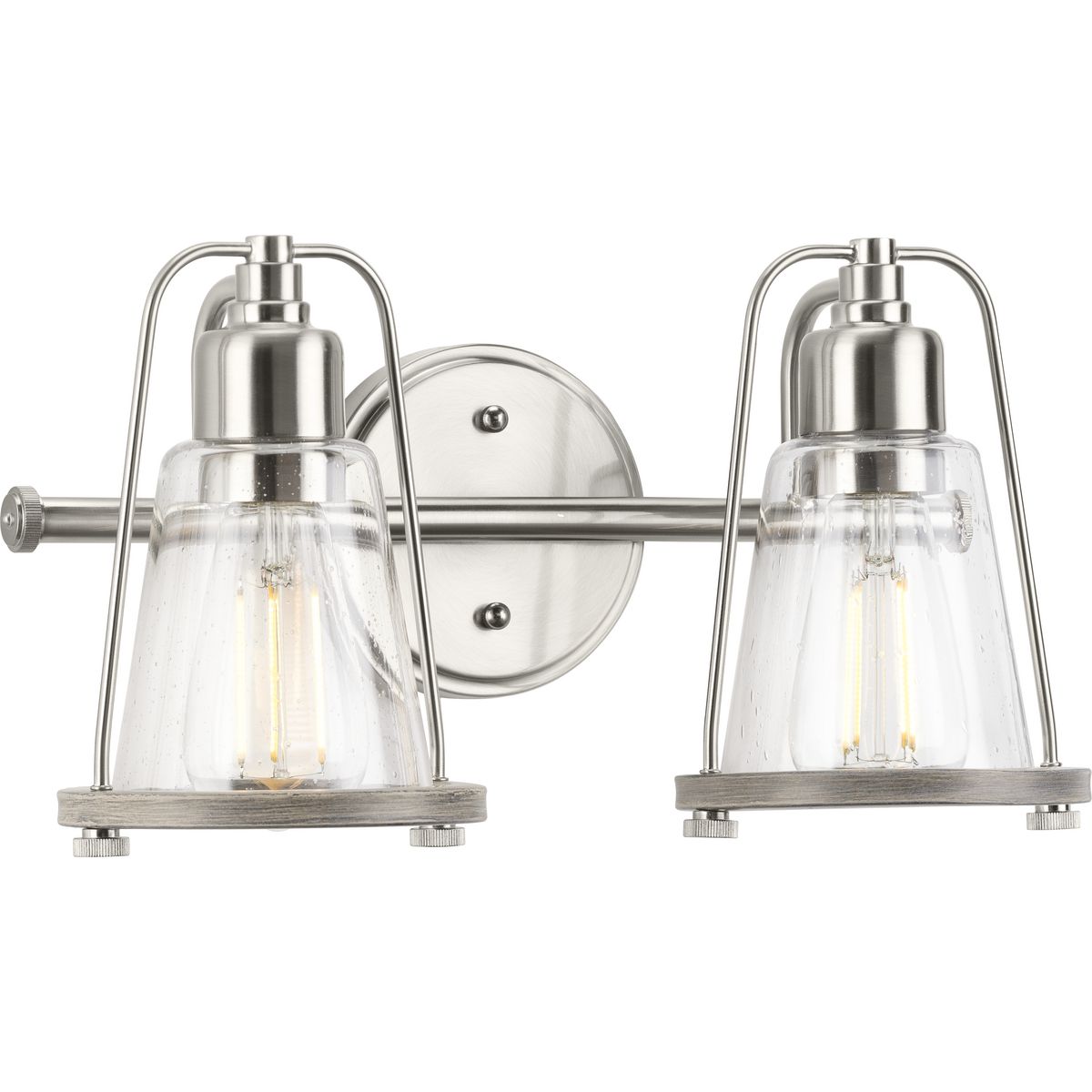 PROGRESS LIGHTING P300296-009 Brushed Nickel Conway Collection Two-Light Brushed Nickel and Clear Seeded Farmhouse Style Bath Vanity Wall Light