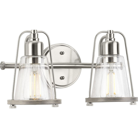 PROGRESS LIGHTING P300296-009 Brushed Nickel Conway Collection Two-Light Brushed Nickel and Clear Seeded Farmhouse Style Bath Vanity Wall Light