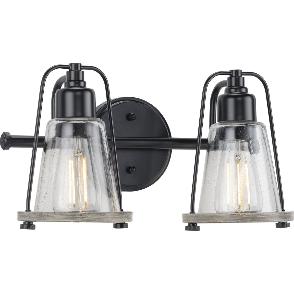 PROGRESS LIGHTING P300296-031 Matte Black Conway Collection Two-Light Matte Black and Clear Seeded Farmhouse Style Bath Vanity Wall Light