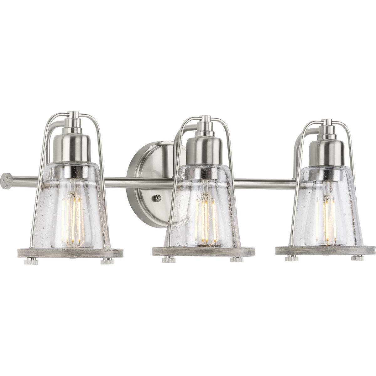 PROGRESS LIGHTING P300297-009 Brushed Nickel Conway Collection Three-Light Brushed Nickel and Clear Seeded Farmhouse Style Bath Vanity Wall Light