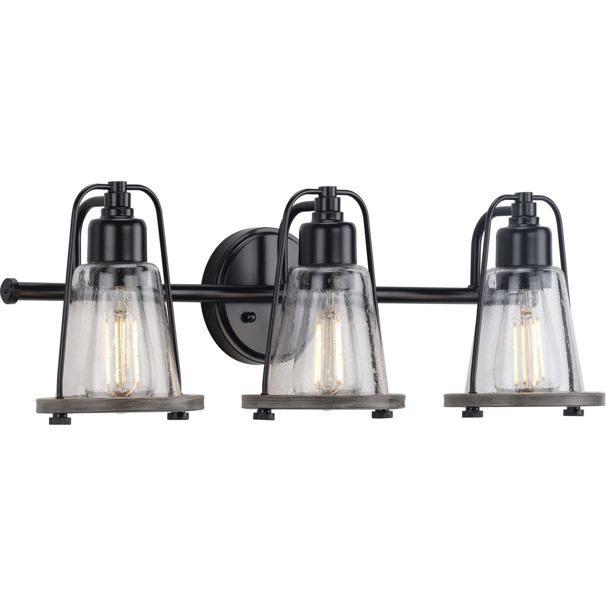 PROGRESS LIGHTING P300297-031 Matte Black Conway Collection Three-Light Matte Black and Clear Seeded Farmhouse Style Bath Vanity Wall Light