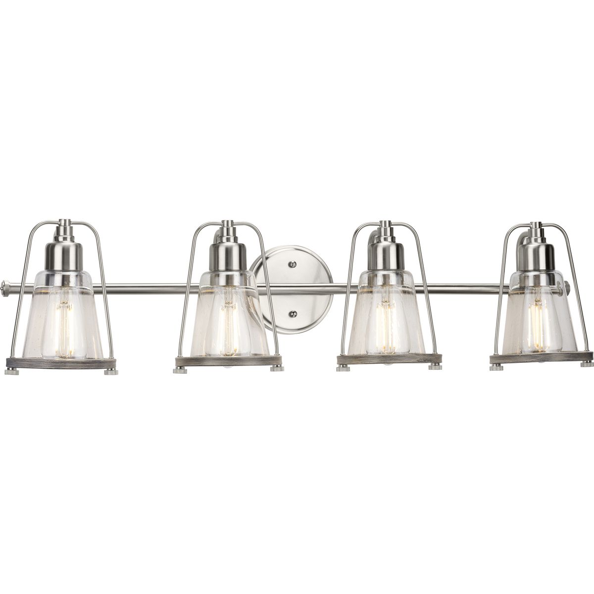 PROGRESS LIGHTING P300298-009 Brushed Nickel Conway Collection Four-Light Brushed Nickel and Clear Seeded Farmhouse Style Bath Vanity Wall Light