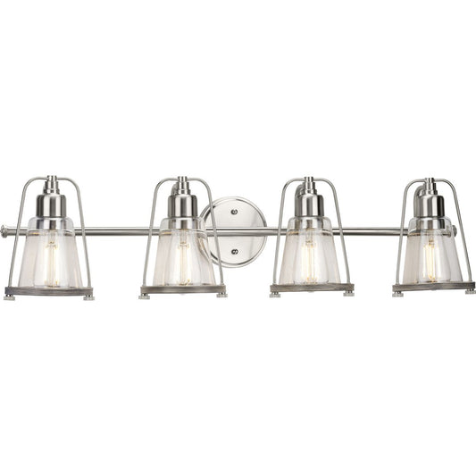 PROGRESS LIGHTING P300298-009 Brushed Nickel Conway Collection Four-Light Brushed Nickel and Clear Seeded Farmhouse Style Bath Vanity Wall Light