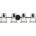 PROGRESS LIGHTING P300298-031 Matte Black Conway Collection Four-Light Matte Black and Clear Seeded Farmhouse Style Bath Vanity Wall Light