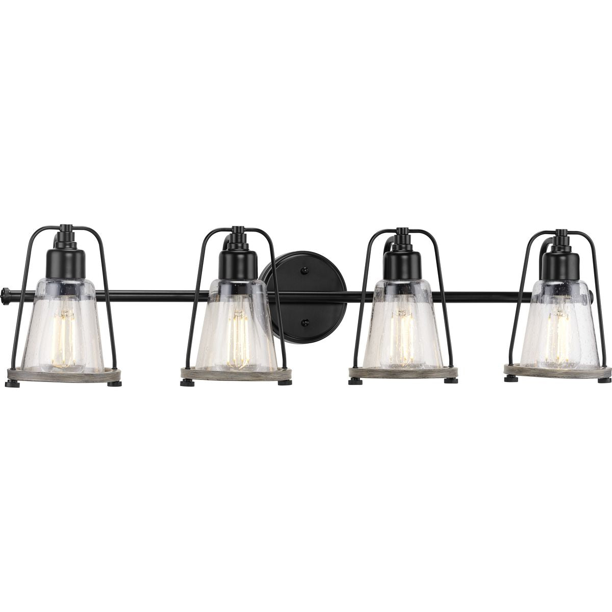 PROGRESS LIGHTING P300298-031 Matte Black Conway Collection Four-Light Matte Black and Clear Seeded Farmhouse Style Bath Vanity Wall Light