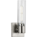 PROGRESS LIGHTING P300299-009 Brushed Nickel Clarion Collection One-Light Brushed Nickel and Clear Glass Modern Style Bath Vanity Wall Light