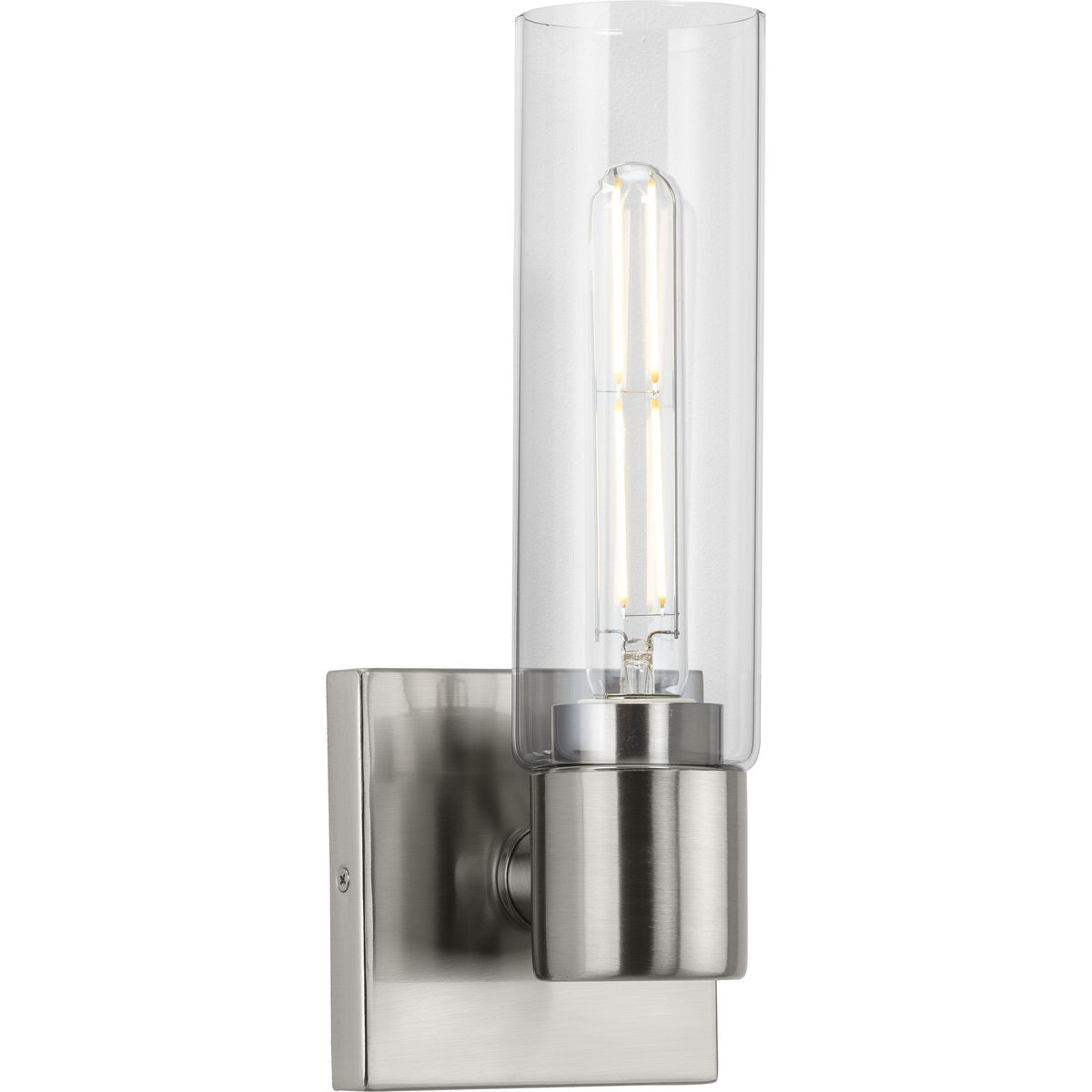 PROGRESS LIGHTING P300299-009 Brushed Nickel Clarion Collection One-Light Brushed Nickel and Clear Glass Modern Style Bath Vanity Wall Light