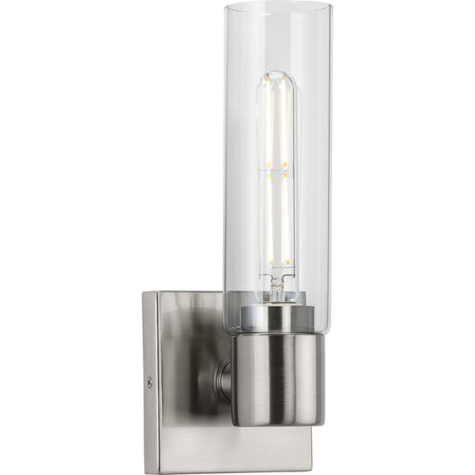 PROGRESS LIGHTING P300299-009 Brushed Nickel Clarion Collection One-Light Brushed Nickel and Clear Glass Modern Style Bath Vanity Wall Light