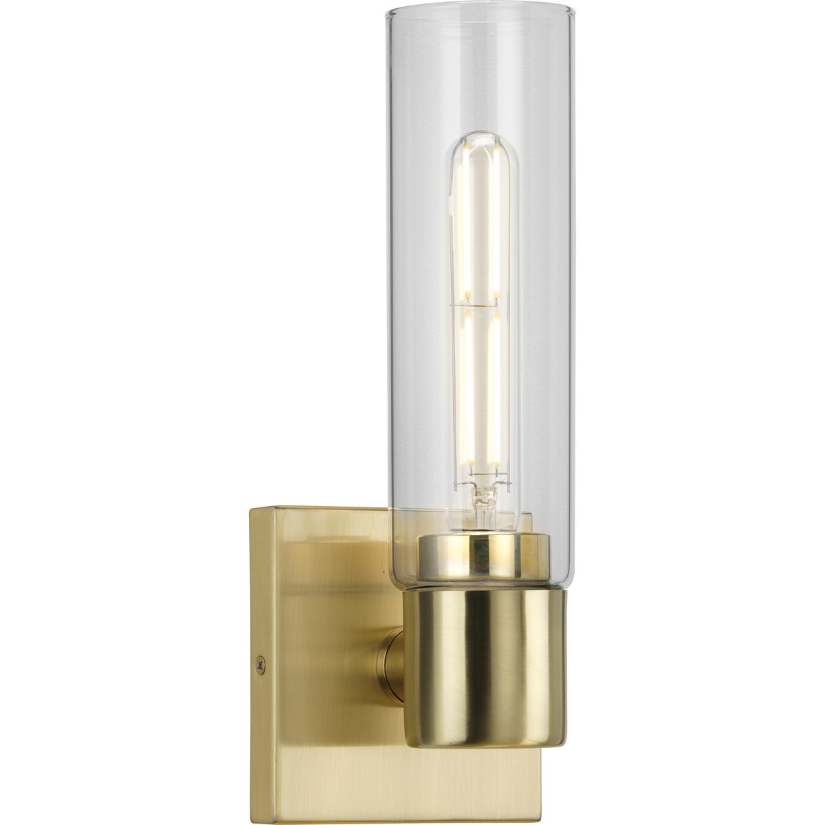 PROGRESS LIGHTING P300299-012 Satin Brass Clarion Collection One-Light Satin Brass and Clear Glass Modern Style Bath Vanity Wall Light