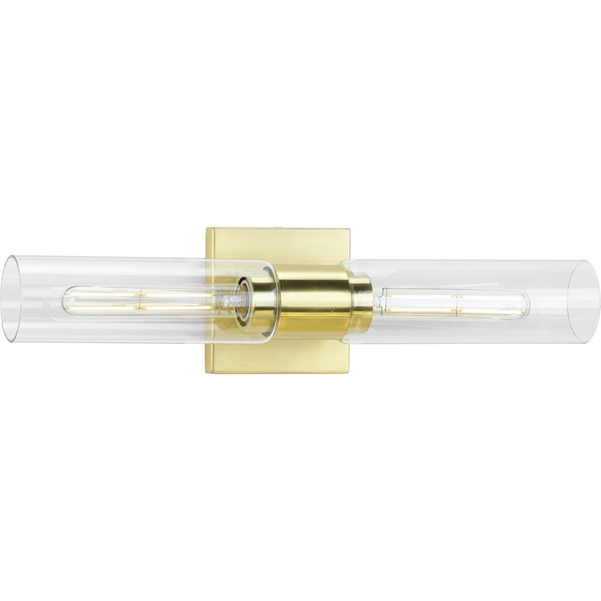 PROGRESS LIGHTING P300300-012 Satin Brass Clarion Collection Two-Light Satin Brass Clear and Glass Modern Style Bath Vanity Wall Light