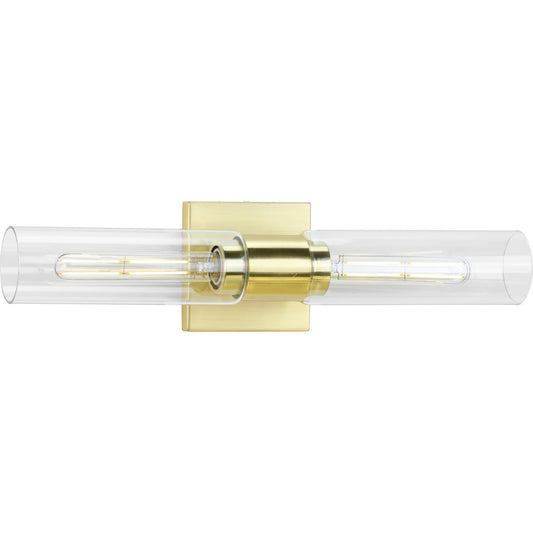 PROGRESS LIGHTING P300300-012 Satin Brass Clarion Collection Two-Light Satin Brass Clear and Glass Modern Style Bath Vanity Wall Light