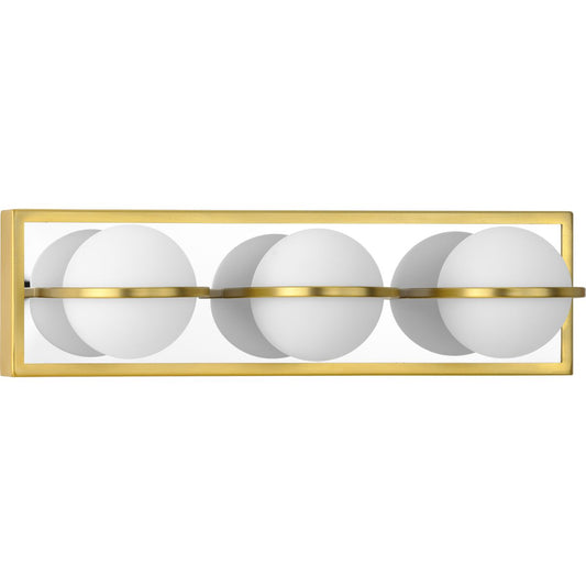 PROGRESS LIGHTING P300312-012-30 Satin Brass Pearl LED Collection Three-Light Satin Brass and Opal Glass Modern Style Bath Vanity Wall Light