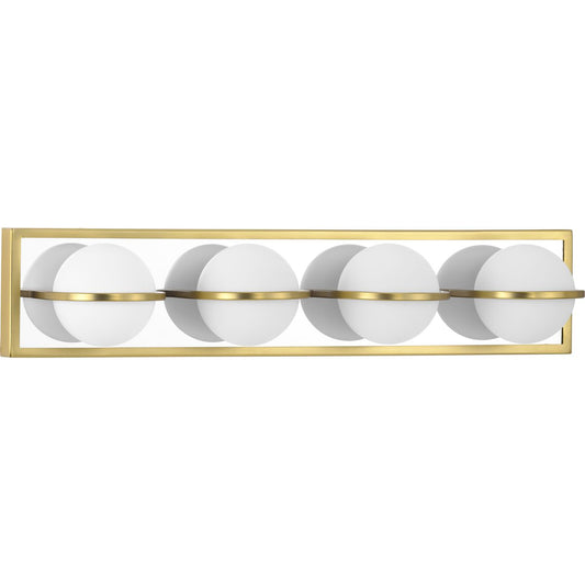 PROGRESS LIGHTING P300313-012-30 Satin Brass Pearl LED Collection Four-Light Satin Brass and Opal Glass Modern Style Bath Vanity Wall Light