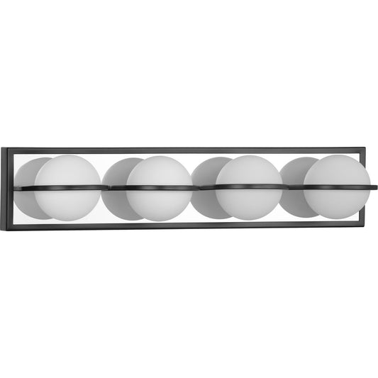 PROGRESS LIGHTING P300313-031-30 Matte Black Pearl LED Collection Four-Light Matte Black Opal Glass LED Modern Style Bath Vanity Light