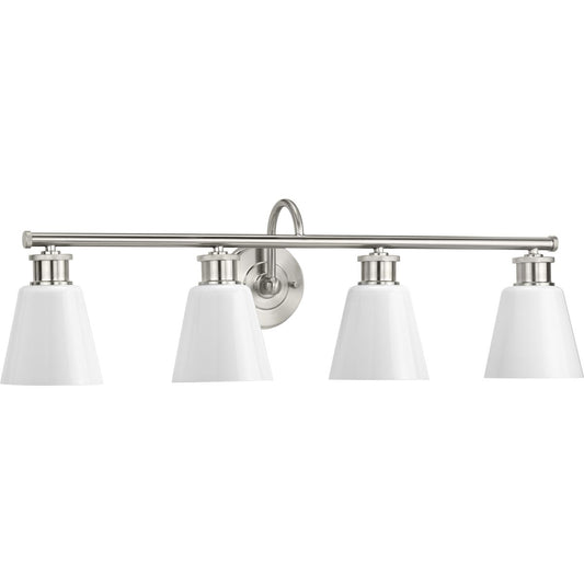 PROGRESS LIGHTING P300317-009 Brushed Nickel Ashford Collection Four-Light Brushed Nickel and Opal Glass Farmhouse Style Bath Vanity Wall Light