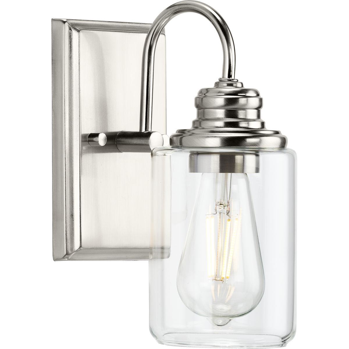 PROGRESS LIGHTING P300320-009 Brushed Nickel Aiken Collection One-Light Brushed Nickel Clear Glass Farmhouse Style Bath Vanity Wall Light