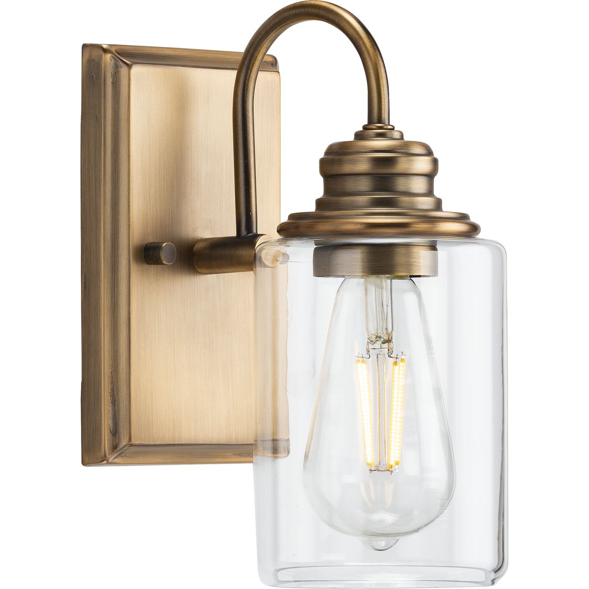 PROGRESS LIGHTING P300320-163 Vintage Brass Aiken Collection One-Light Vintage Style Brass Clear Glass Farmhouse Style Bath Vanity Wall Light