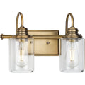 PROGRESS LIGHTING P300321-163 Vintage Brass Aiken Collection Two-Light Vintage Style Brass Clear Glass Farmhouse Style Bath Vanity Wall Light