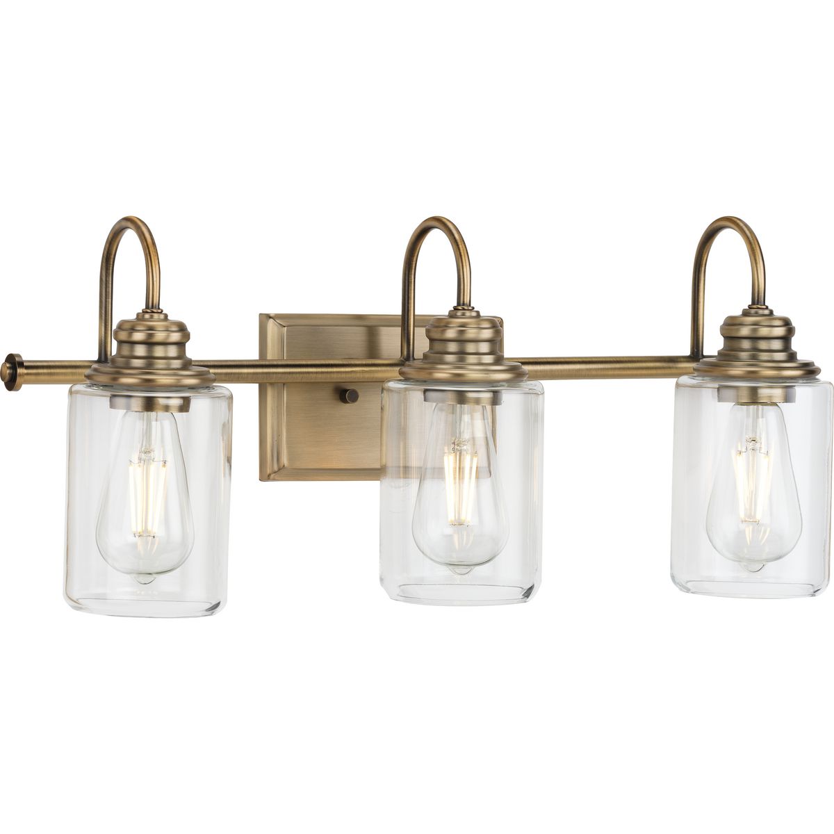 PROGRESS LIGHTING P300322-163 Vintage Brass Aiken Collection Three-Light Clear Glass Vintage Style Brass Farmhouse Style Bath Vanity Wall Light